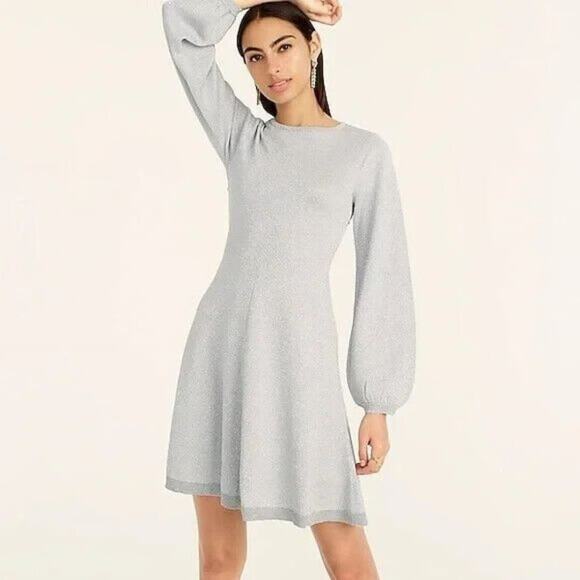 New J Crew L Knit Dress Sweater Metallic Silver Long Sleeve Mini Balloon Sleeve - Picture 2 of 5